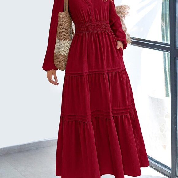 Women's 2025 Elegant Maxi Dresses Long Sleeve V Neck Flowy Pockets Casual Modest - Picture 6 of 7